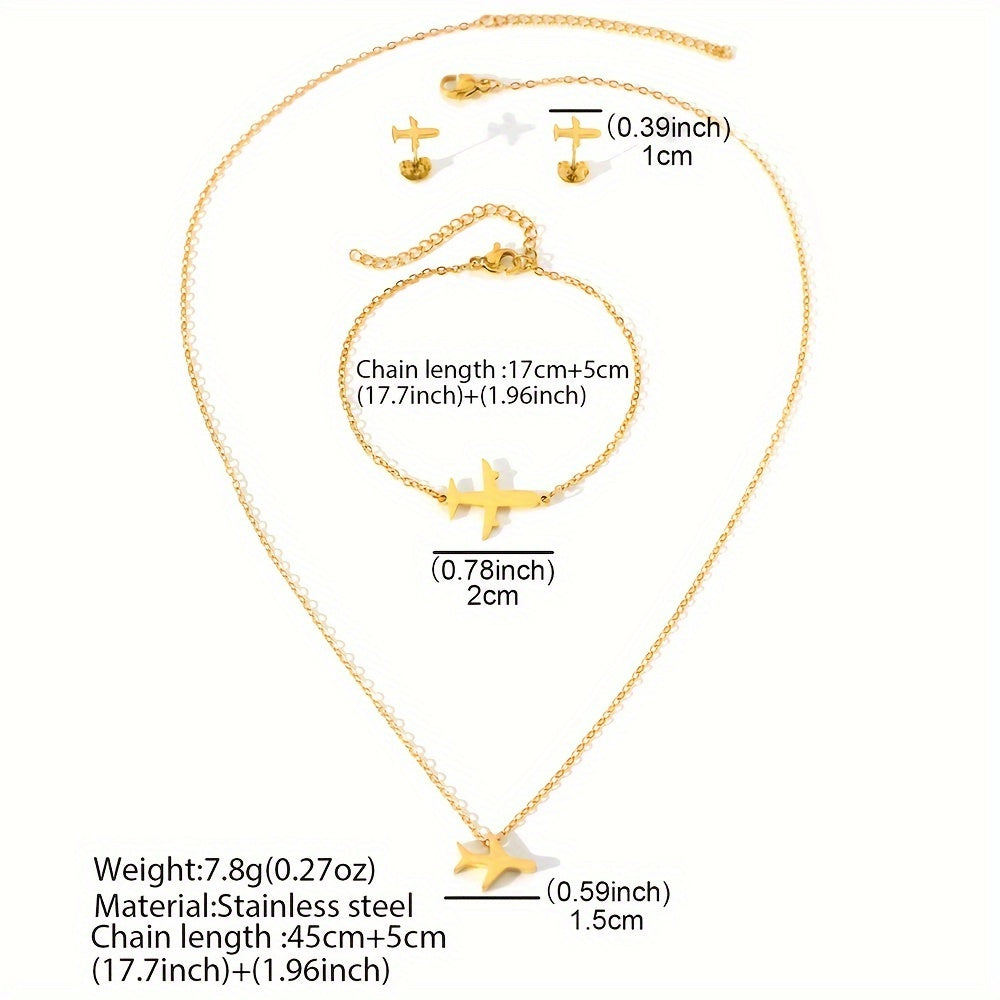 Women’s Jewelry Set Stainless Steel Airplane Pendant Necklace Bracelet Earrings Gift