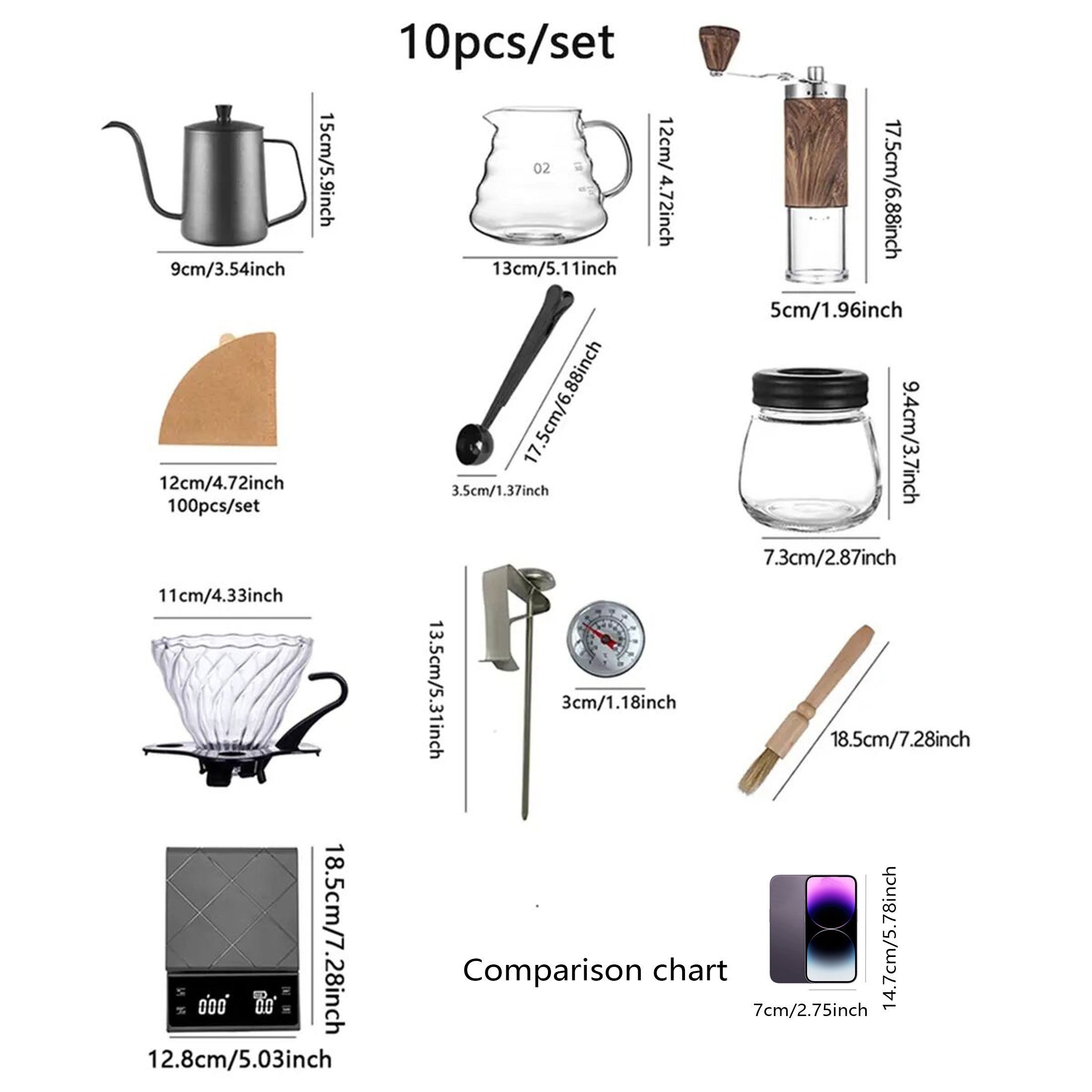 Портативный набор для приготовления кофе включает в себя пресс, диспенсер для порошка и батарейки AAA.