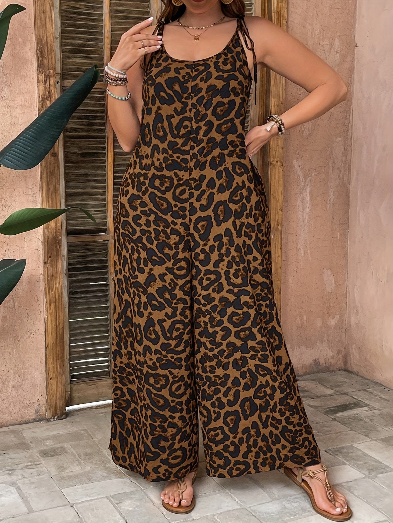 Mono sin mangas de mujer con estampado de leopardo, pantalón ancho, verano, casual, formal