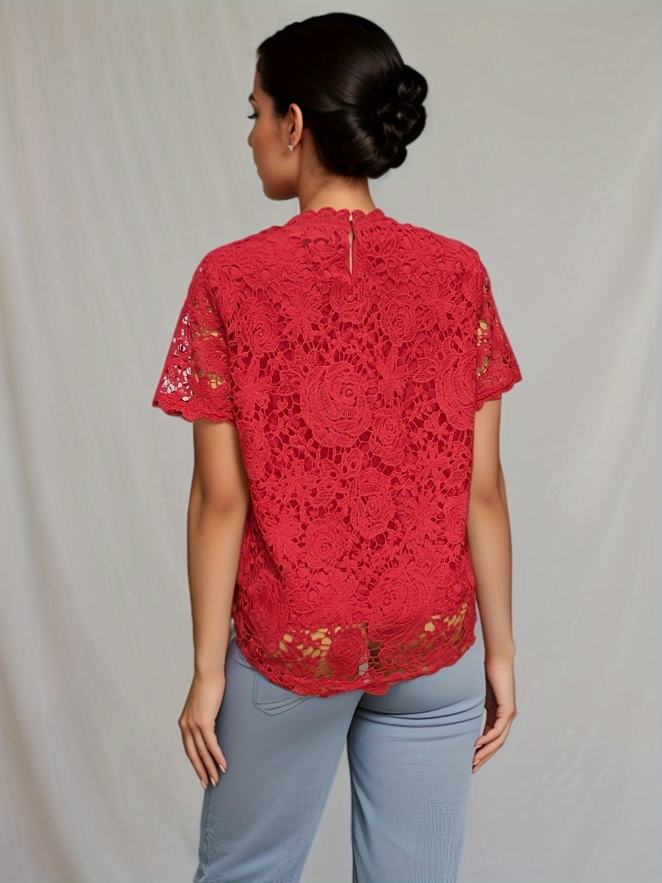Plus Size Floral Lace Blouse Short Sleeve Solid Color Spring Summer Casual