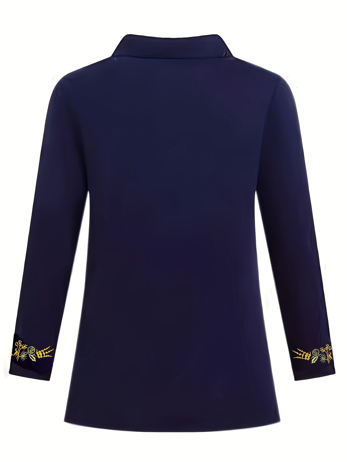 Women's Black Long Sleeve Shirt with Floral Embroidery, Polyester, Casual Spring Fall
