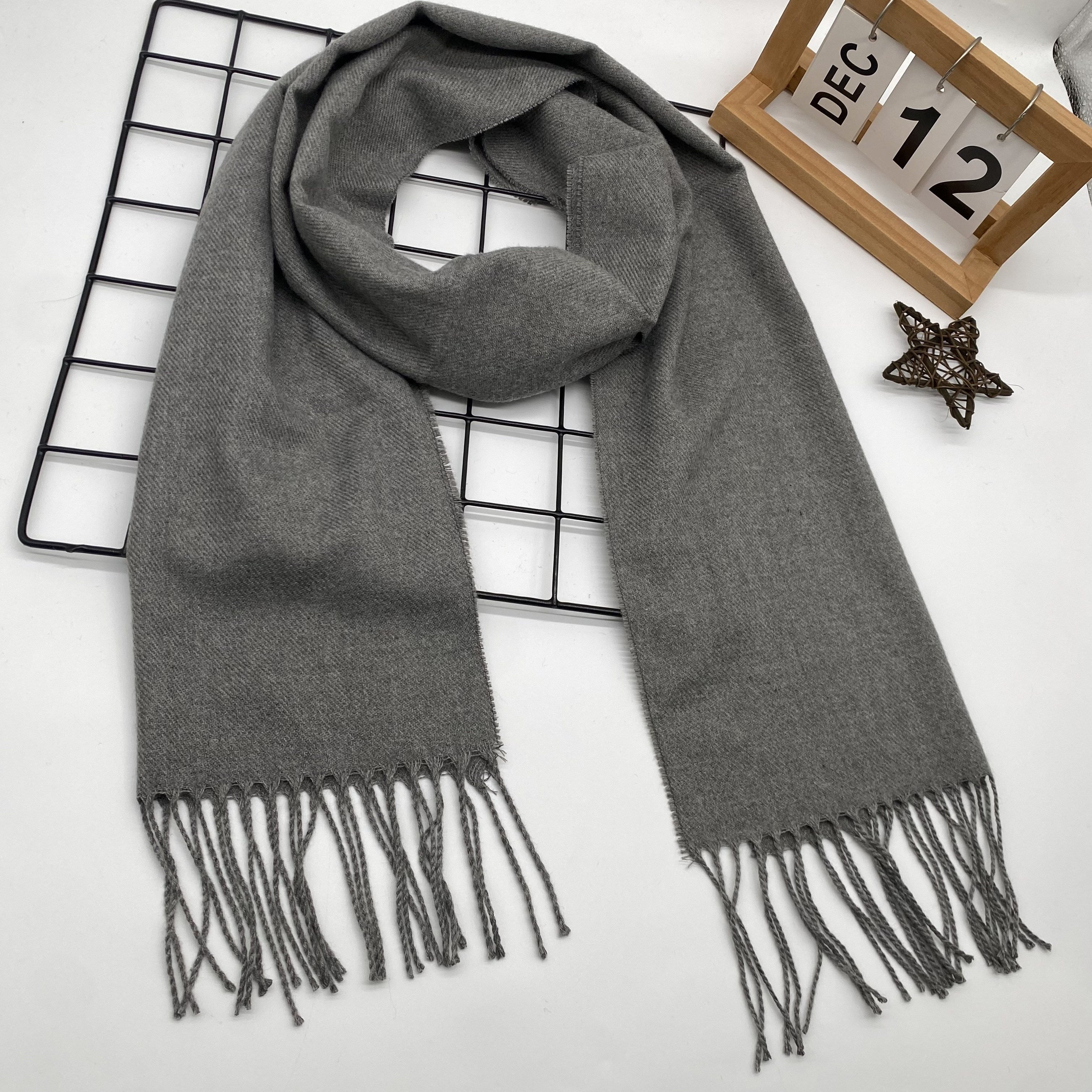 Men's Winter Plaid Scarf with Tassel Edge Soft Polyester Woven Accessory