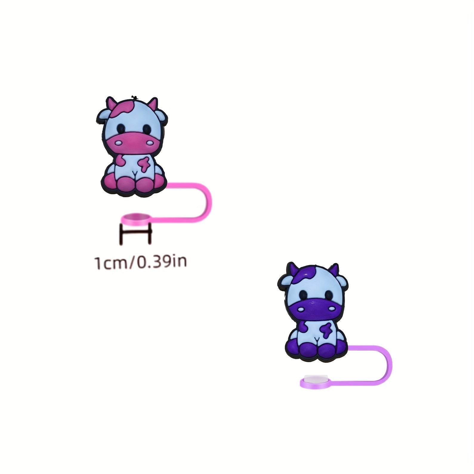 Set of 2 Cartoon Cow Straw Toppers Pink Purple Black with Silicone Dust Covers for Party and Christmas Gifts