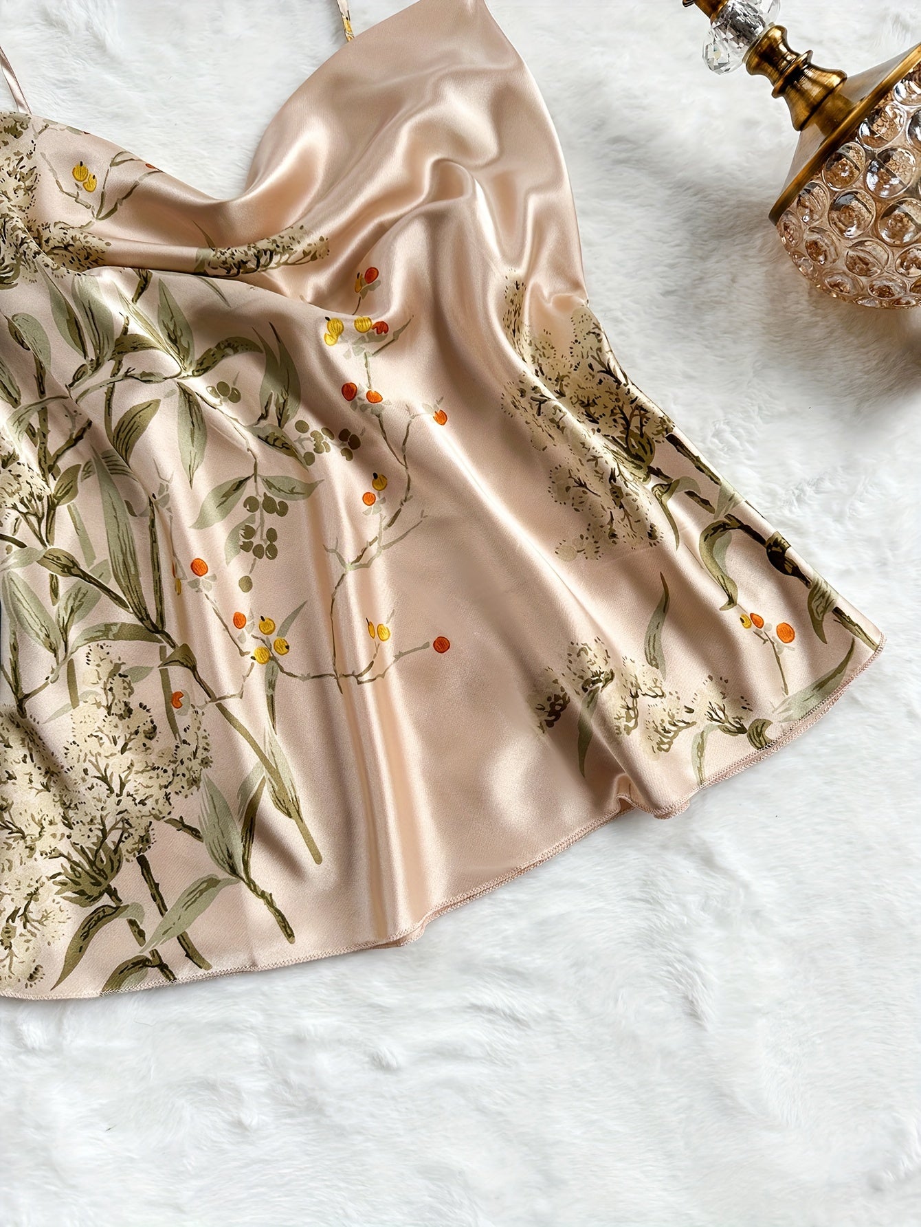 Women's Satin Pajama Sets with Floral Print Turtleneck Backless Top Summer Nightwear