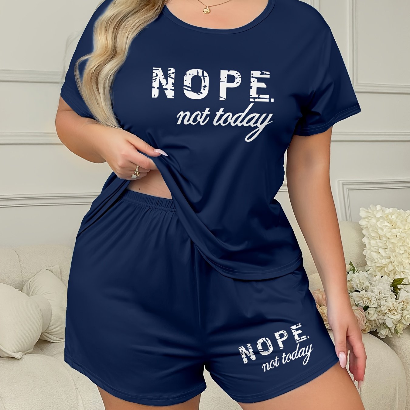 Plus Size Women's Loungewear Set Casual Slogan Print Short Sleeve Top and Elastic Shorts