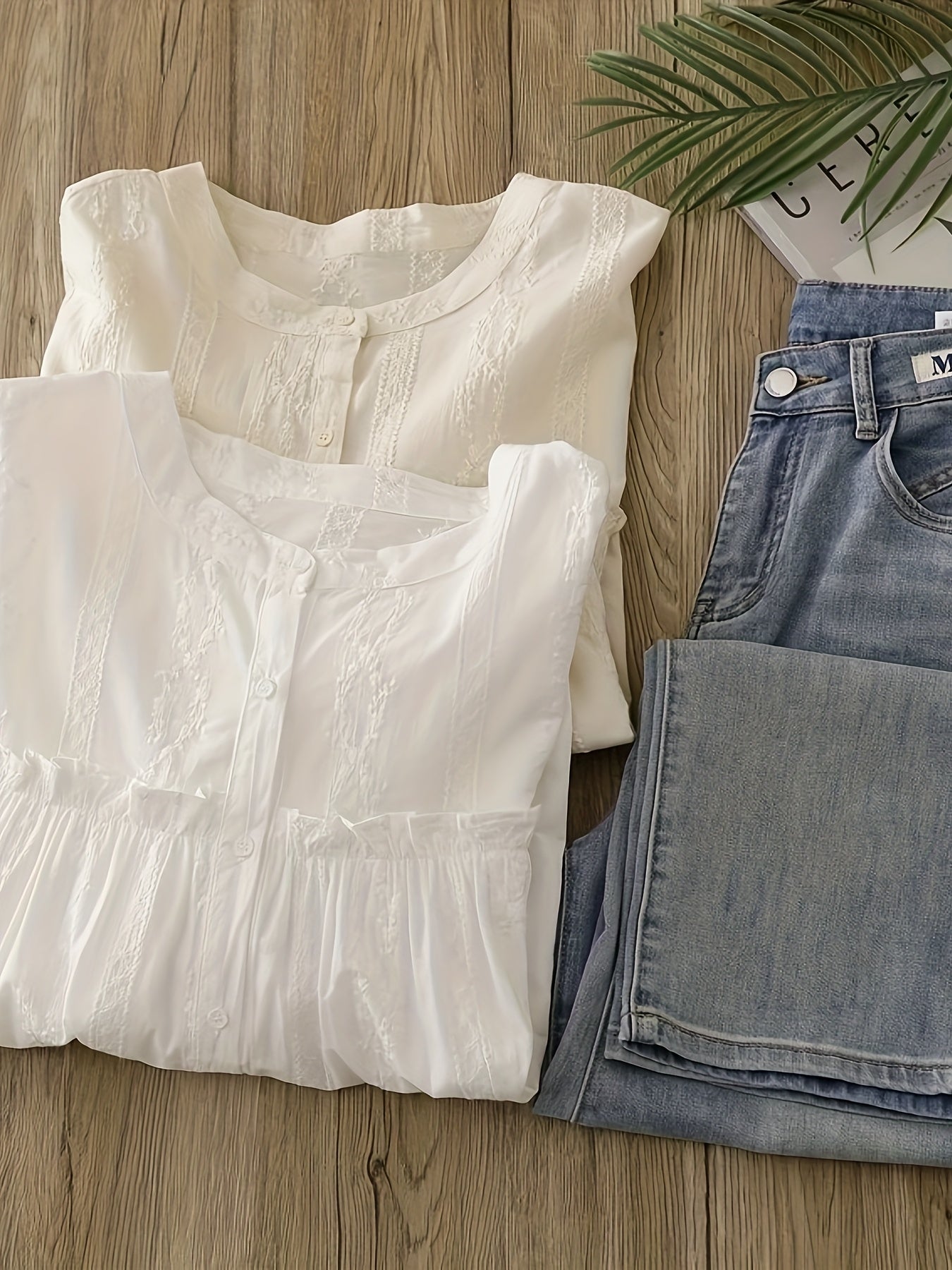 Women's White Lace-Trim Long Sleeve Blouse with Ruffled Collar and Semi-Sheer Design