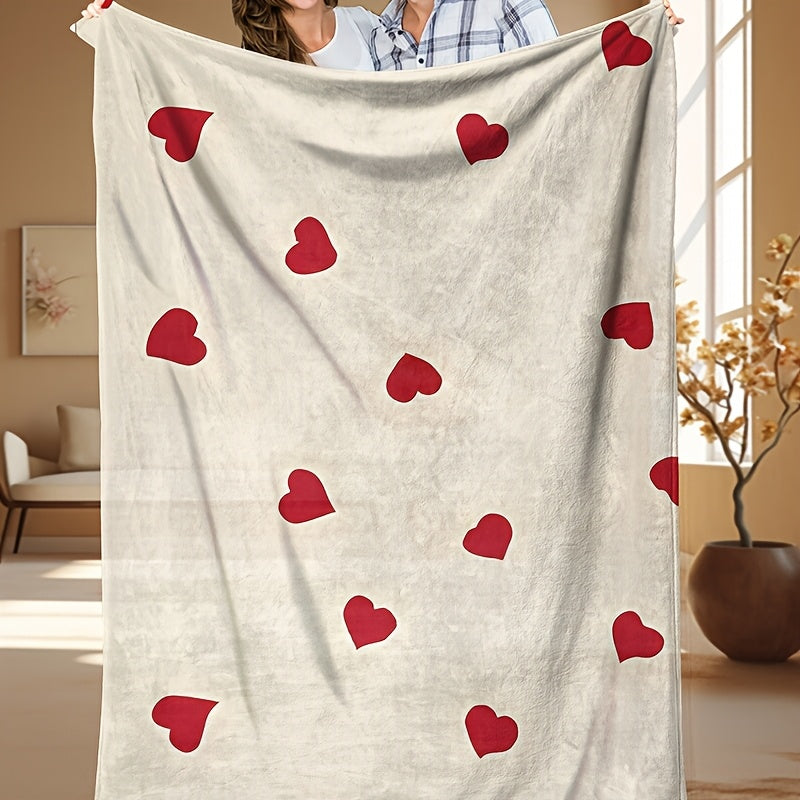 Red Heart Pattern Throw Blanket Cozy Polyester Coral Fleece for Couch Bed Camping
