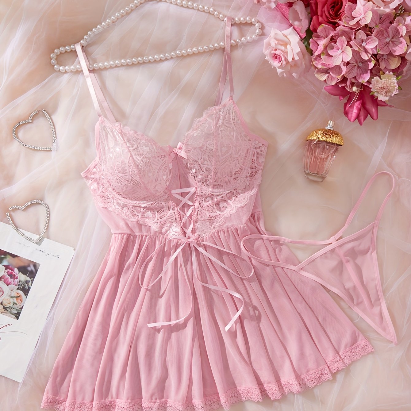 Plus Size Women's Mesh Thong Panties and Sheer Lace Nightgown Set Pink