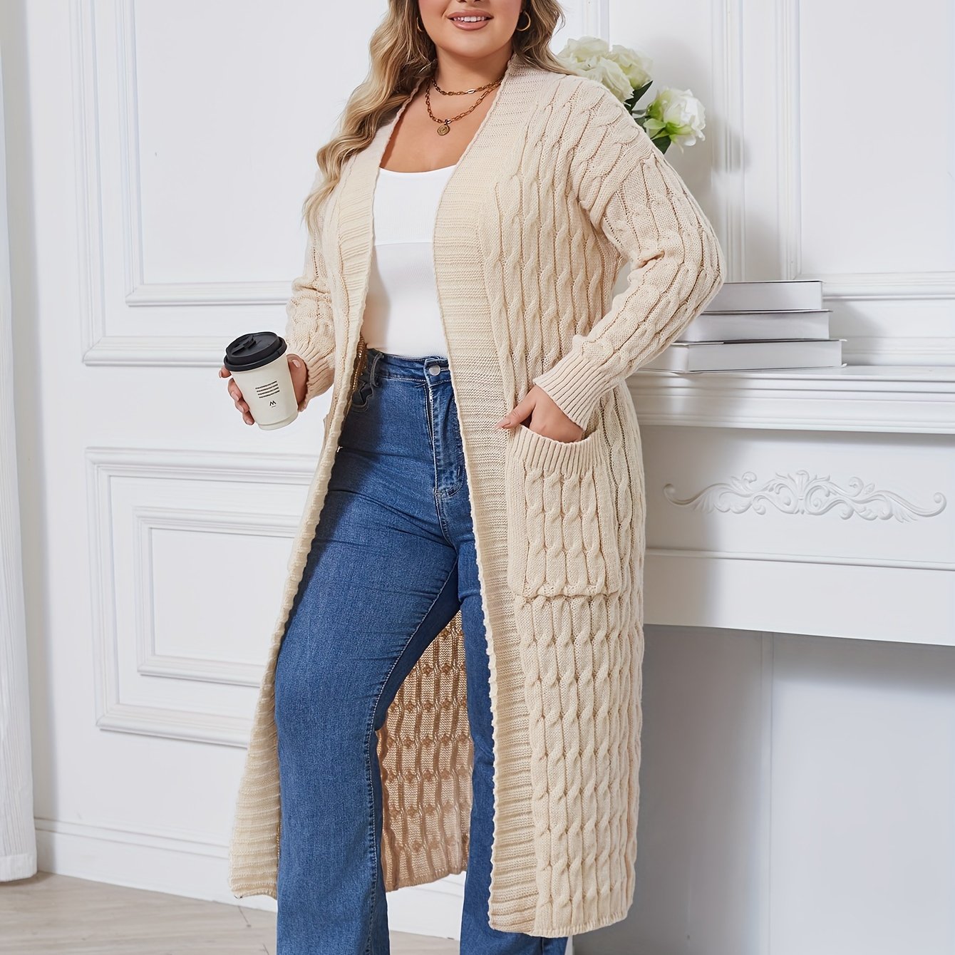 Plus Size Open Front Cardigan with Pockets Long Sleeves Women's Casual Winter Knit Polyester