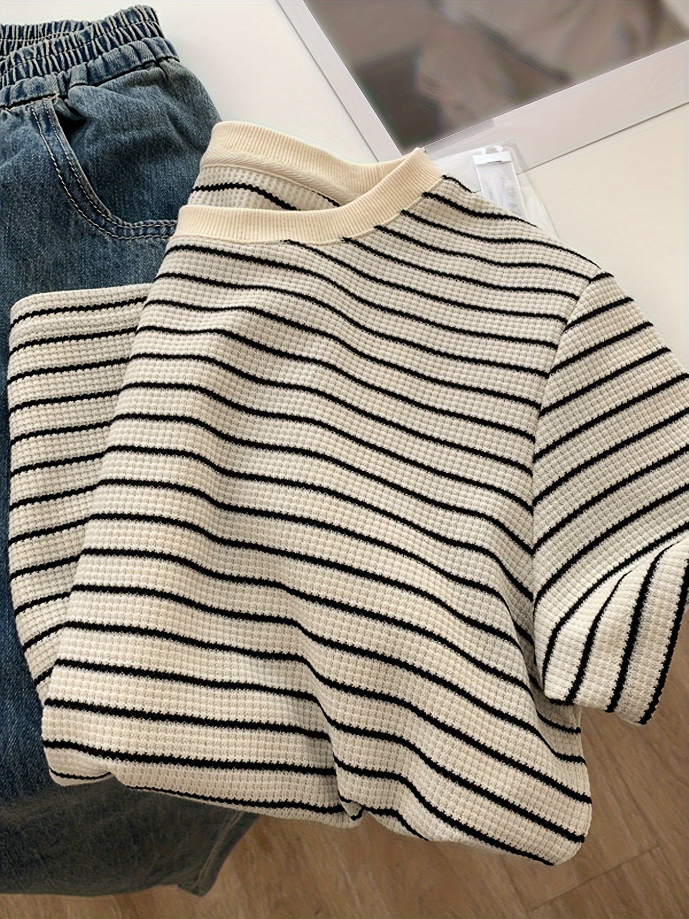 Women's Summer Striped Cotton T-Shirt Crew Neck Short Sleeve Loose Fit Asian Style