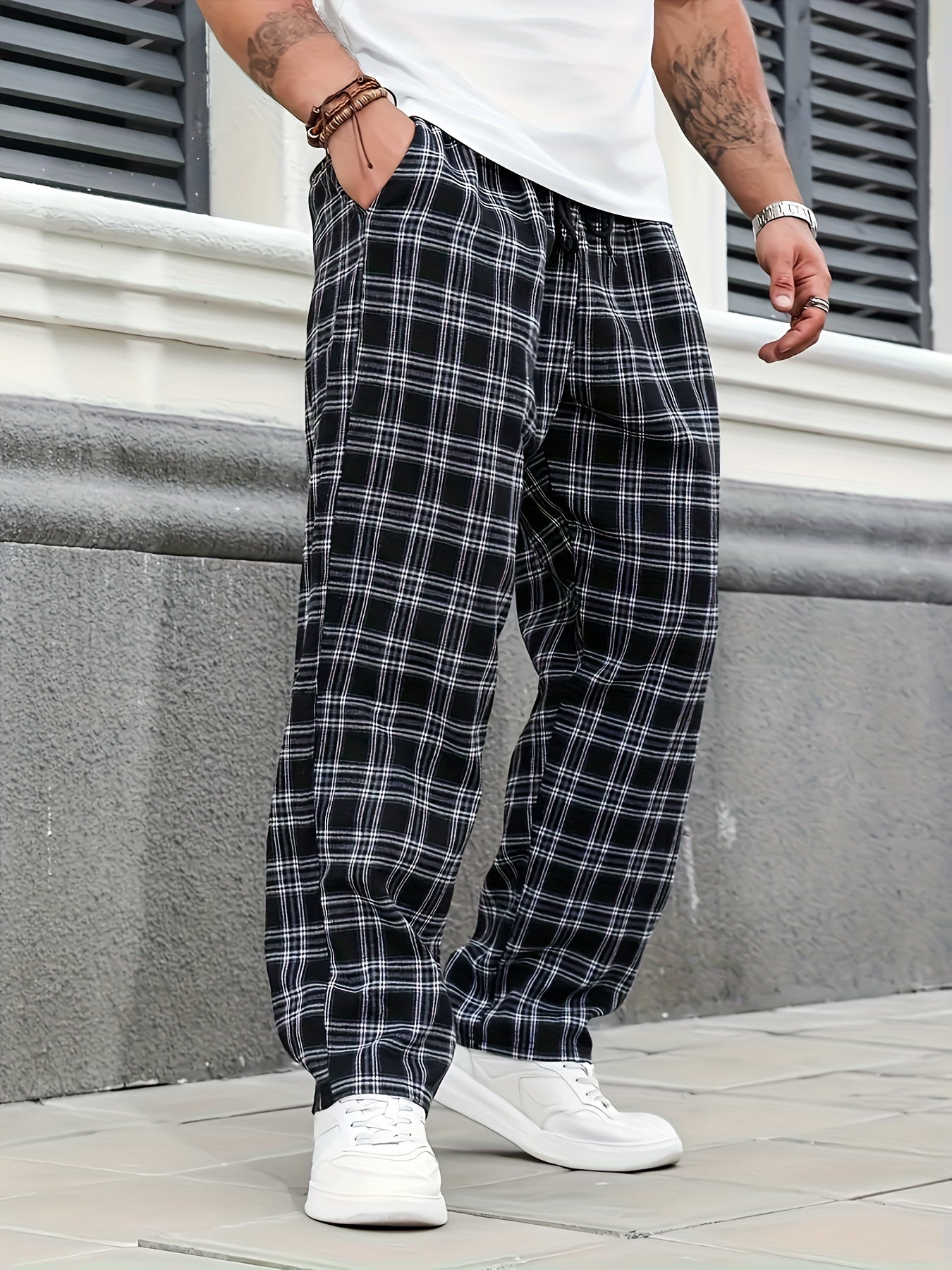 Men's Black and White Plaid Casual Pants Polyester Non-Stretch Drawstring Plus Size