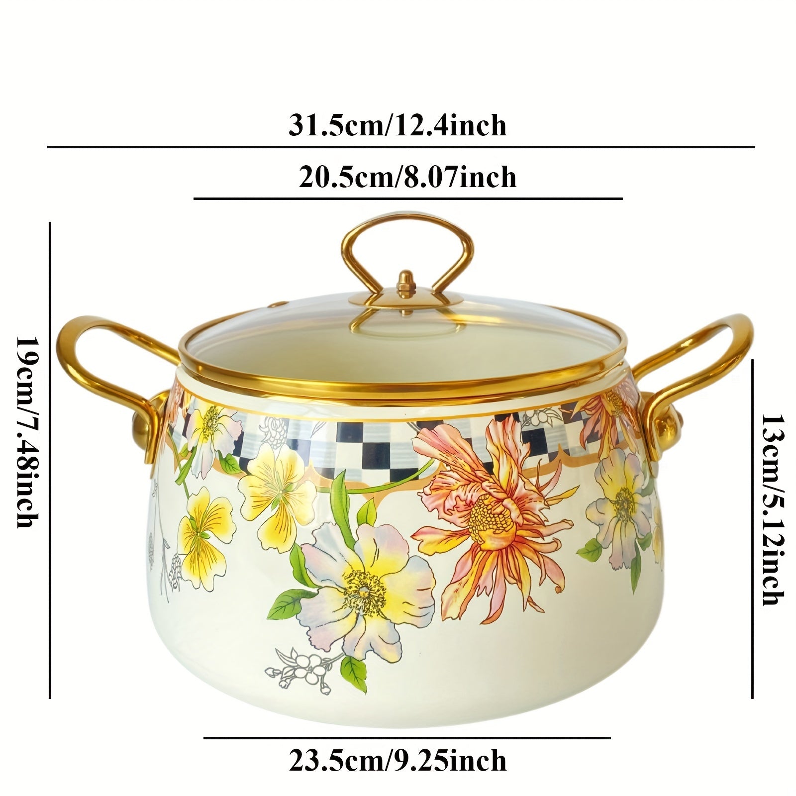 French Daisy Stockpot with Lid Enamel Coating Induction Compatible Floral Design