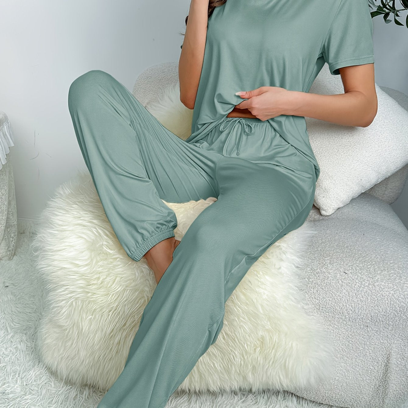 Women's Summer Lounge Set Short Sleeve Top Elastic Drawstring Pants Solid Color Knit Fabric