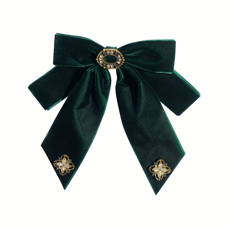 Elegant Velvet Bow Tie Brooch Pin with Rhinestone Accents - Perfect accessory for dress uniforms and formal wear