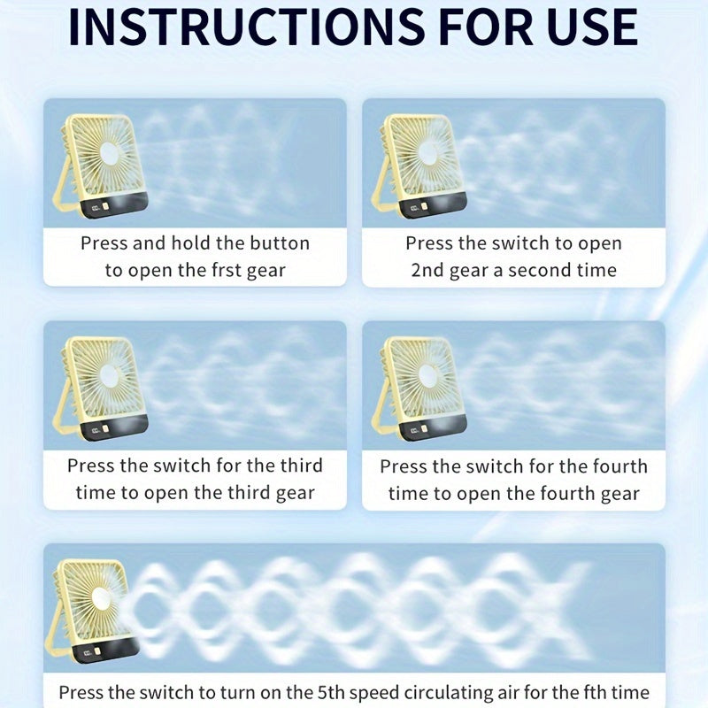 Koʻchma USB stol ventilyatori, oynali, 16.51cm, 5 tezlik, buklanuvchi, qayta zaryadlanadigan