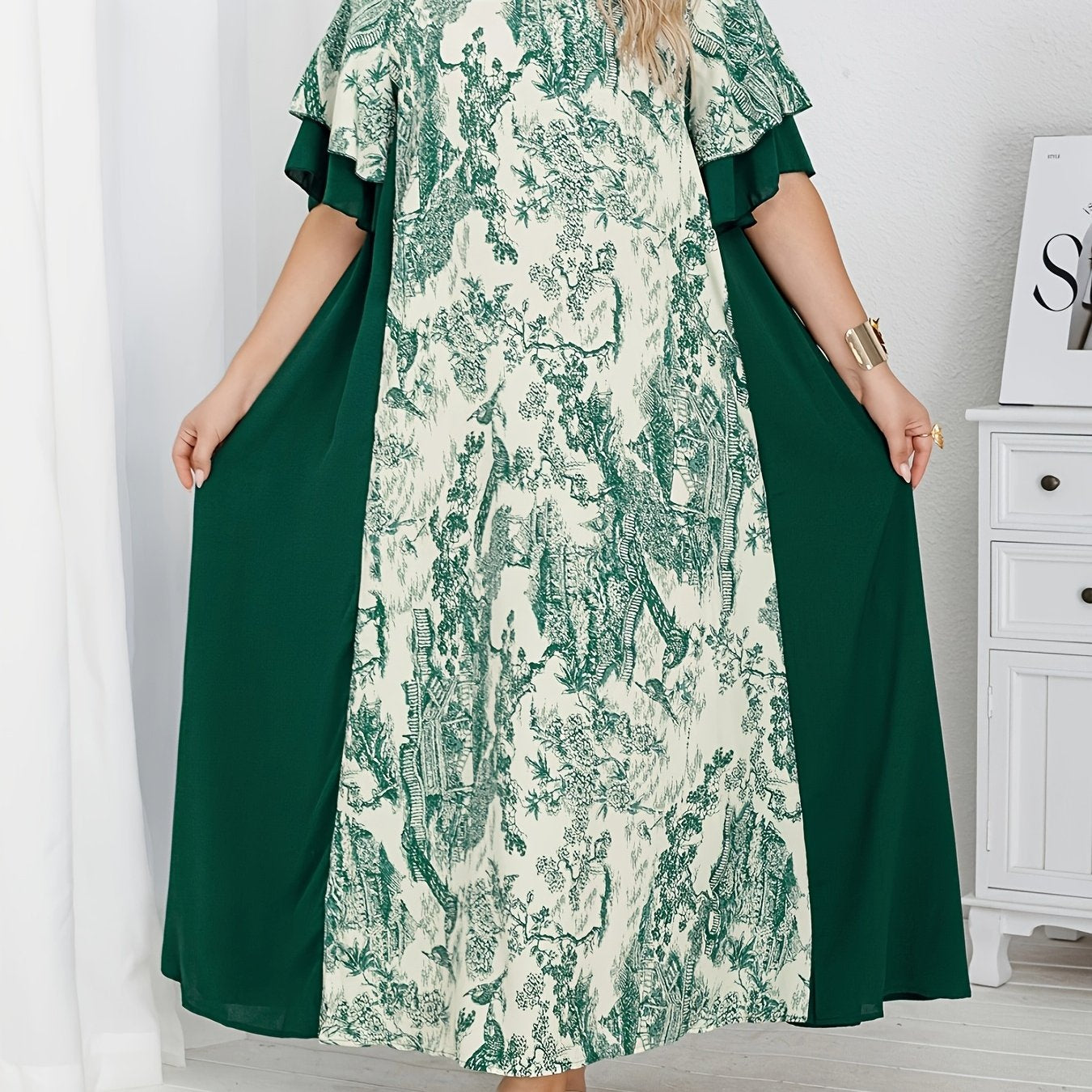 Plus Size Middle Eastern Style Loose Dress With Contrasting Patchwork Print