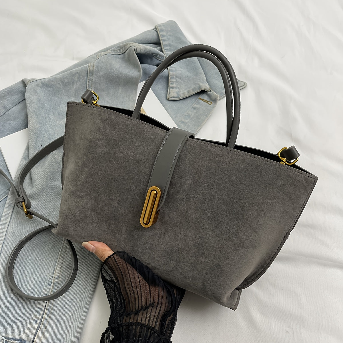 Vintage Suede Leather Tote Bag with Adjustable Shoulder Strap and Turn Lock Closure