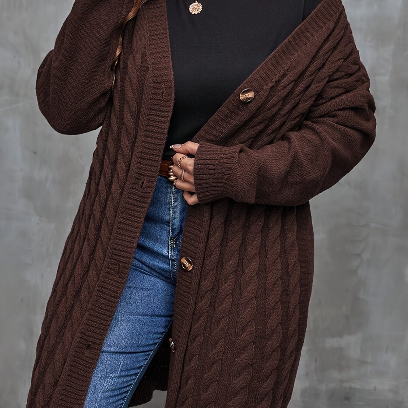 Plus Size Elegant Knit Polyester Cardigan for Fall Winter