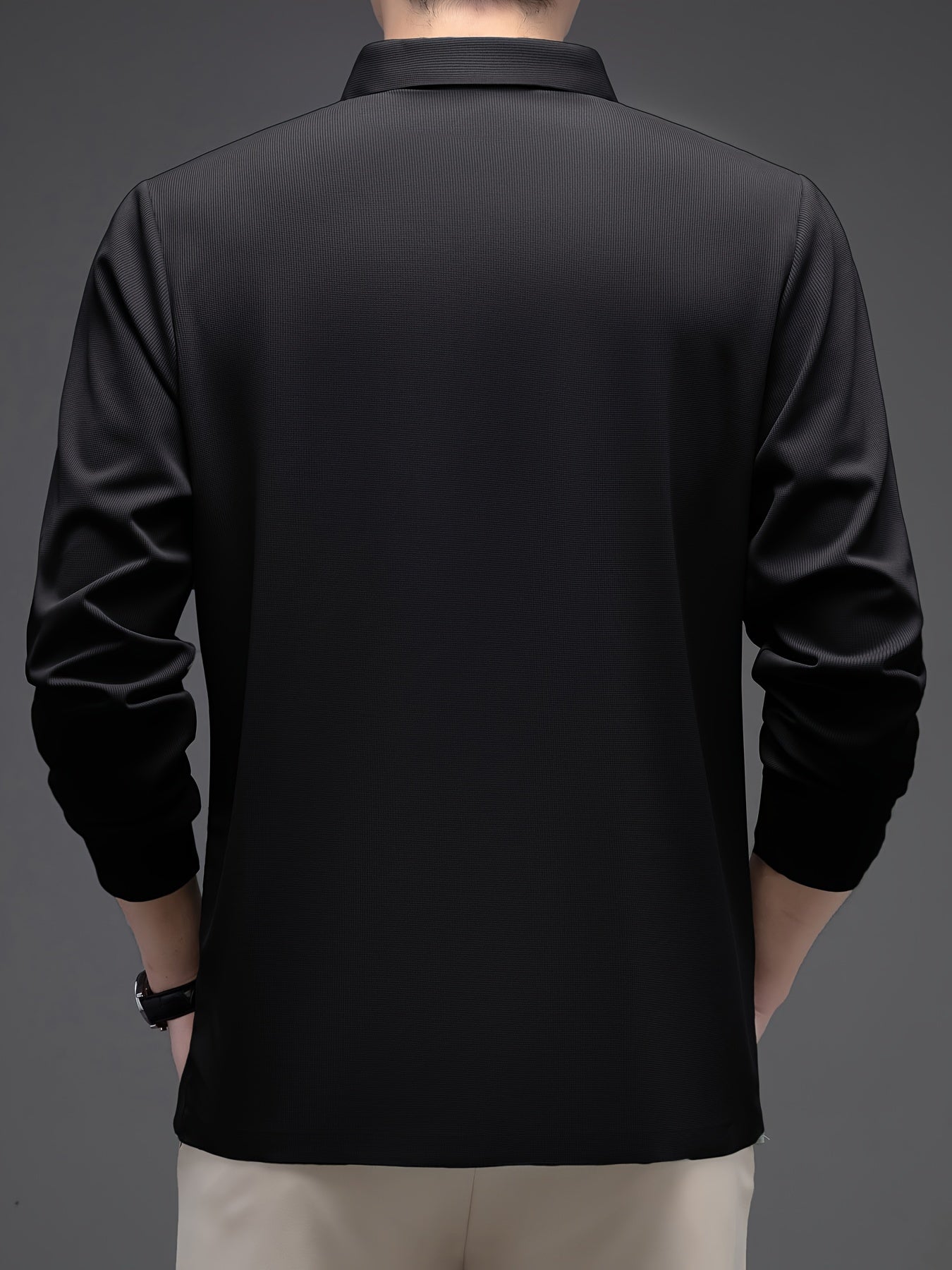 Men's Long Sleeve Solid Color Button-Up Shirt with Lapel Collar and Logo Details