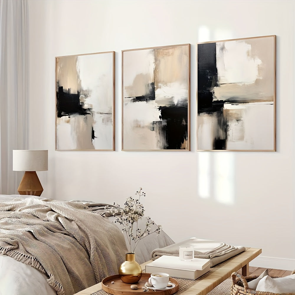 Set of 3 Modern Abstract Canvas Wall Art Prints Black Beige Minimalist Home Decor for Living Room Bedroom Office