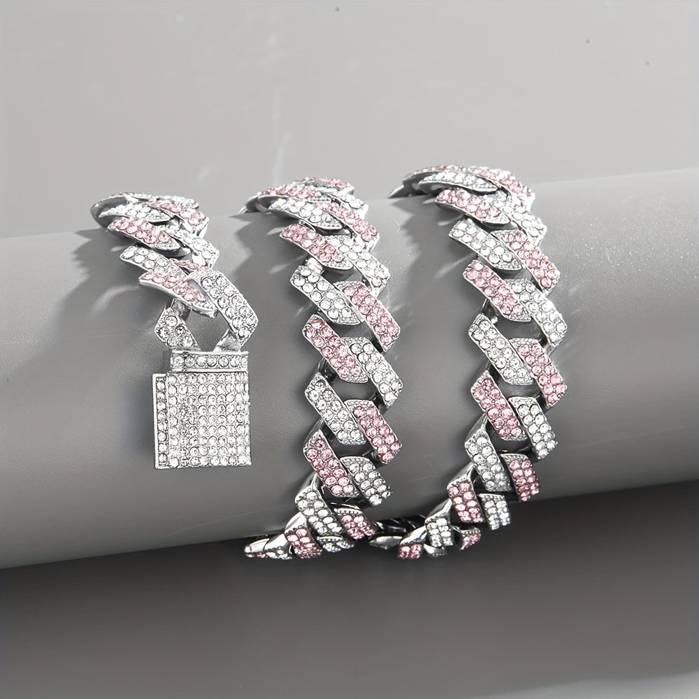 Men's Silver Pink Blue Cuban Link Chain Iced Out Lab Faux Diamonds Miami Necklace Choker