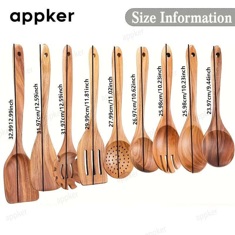 Set of 9 Acacia Wood Kitchen Utensils Including Spoons Spatulas and Noodle Fish Fryers