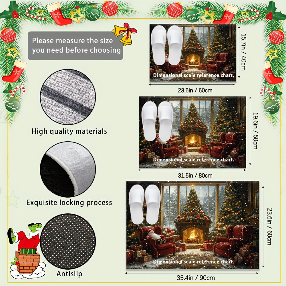 Non-Slip Christmas Doormat with Santa Fireplace Design Washable Polyester Rectangular Floor Mat