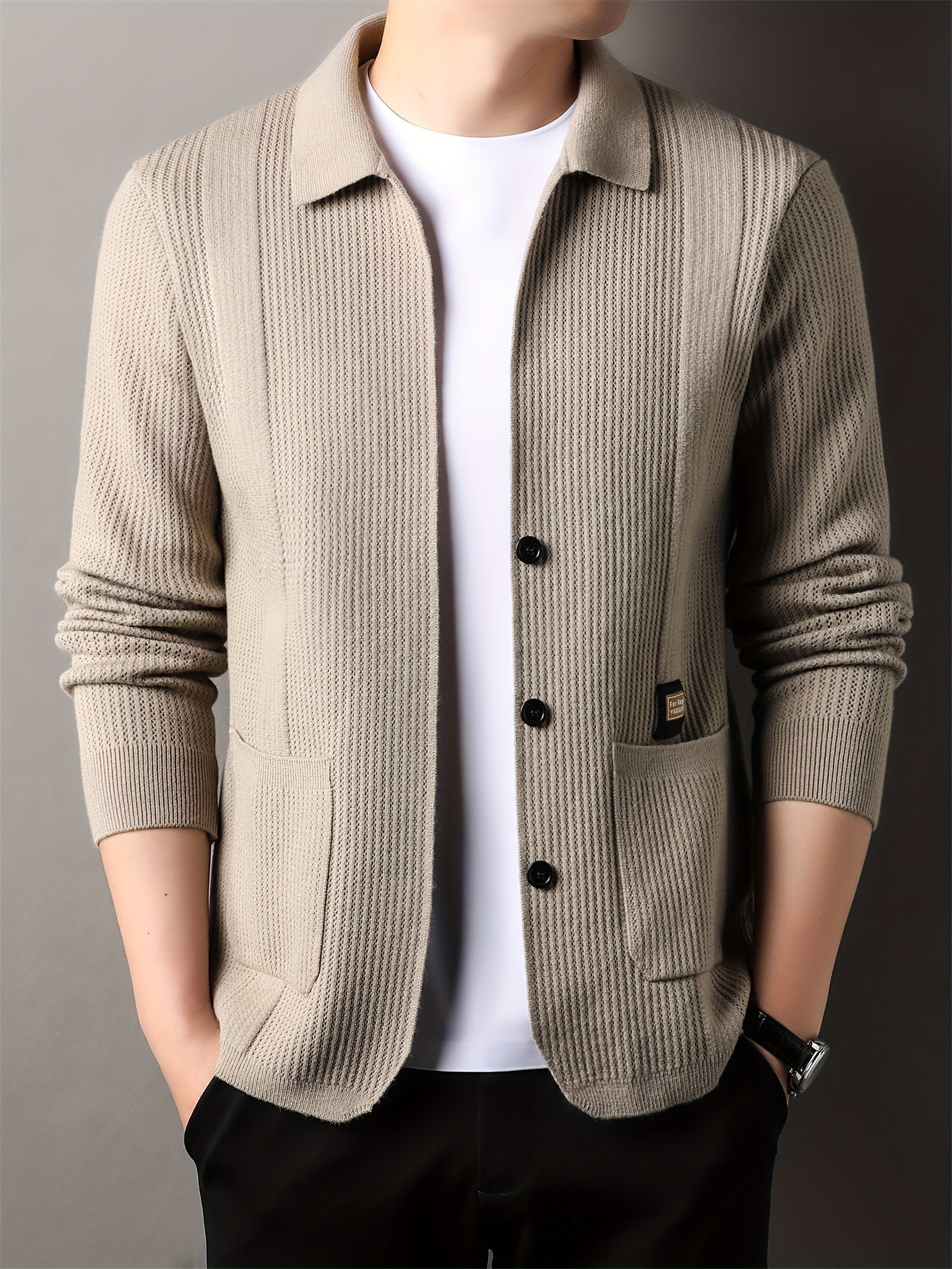 Men's V-Neck Cardigan Fall Winter Solid Color Knit with Pockets