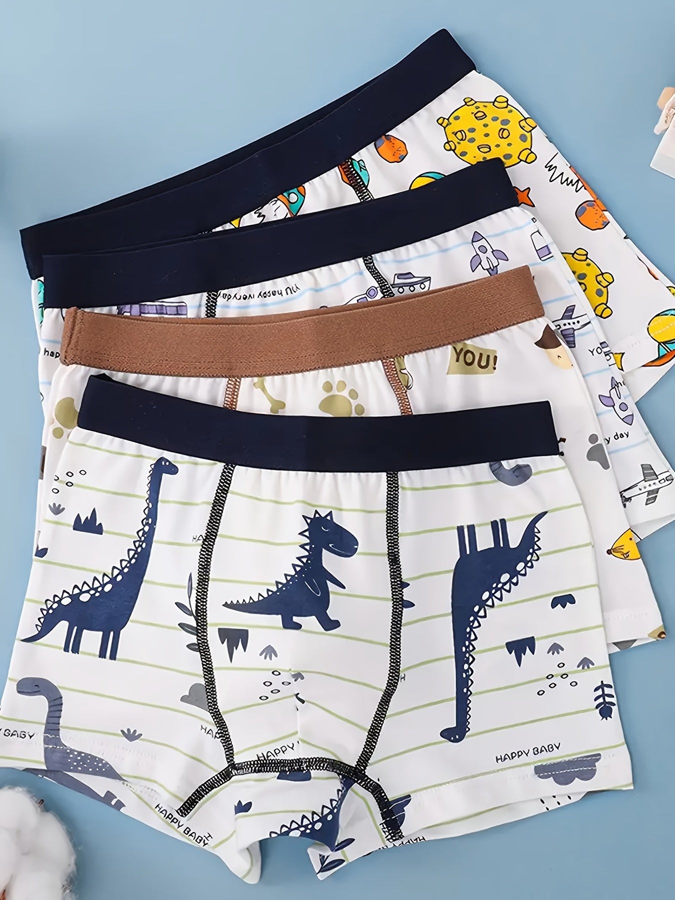 Set of 4 Boys' Cotton Boxer Briefs with Cartoon Animal and Dinosaur Prints, Breathable and Stretchy