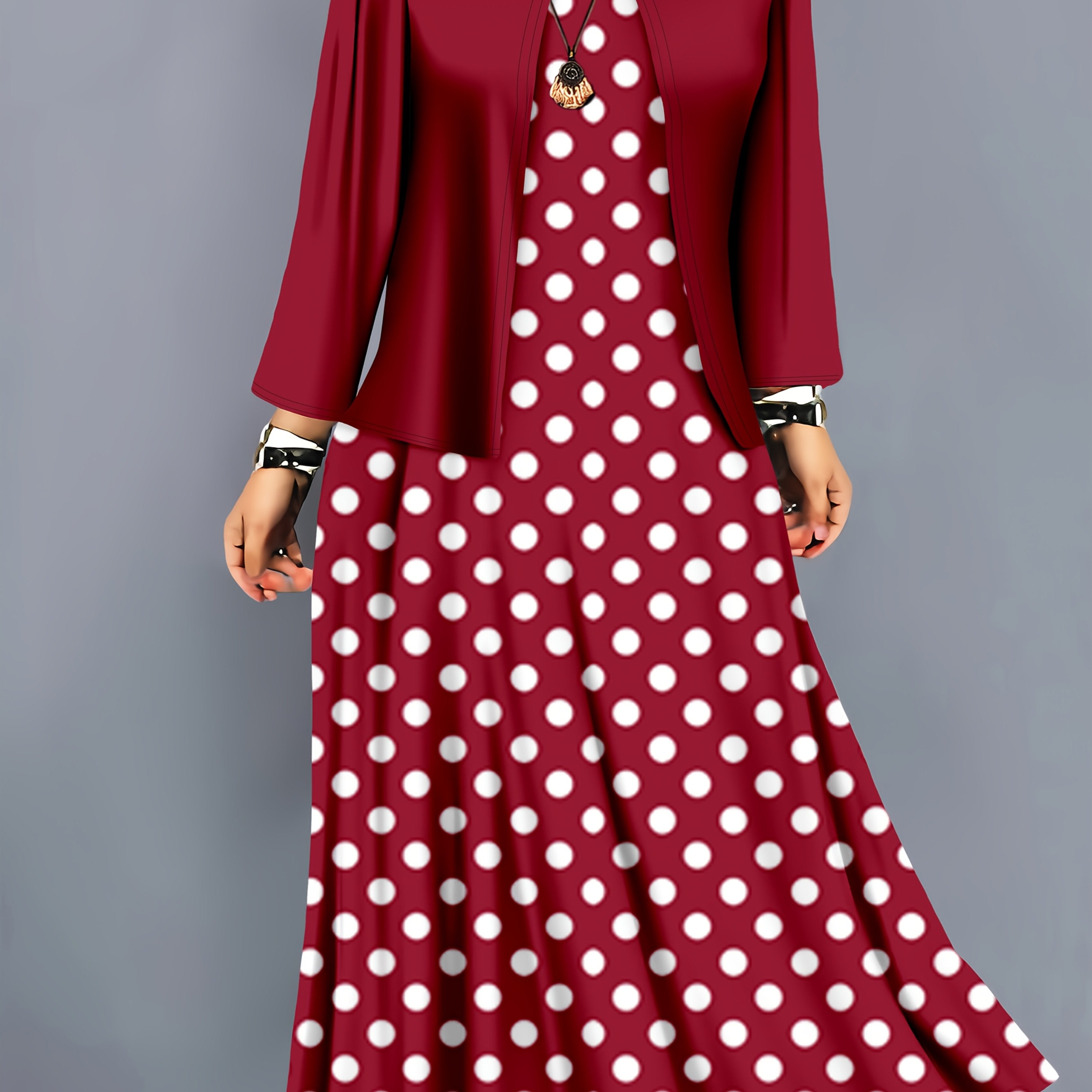 Plus-Size Green Polka Dot Midi Dress with Solid Cardigan Polyester Blend