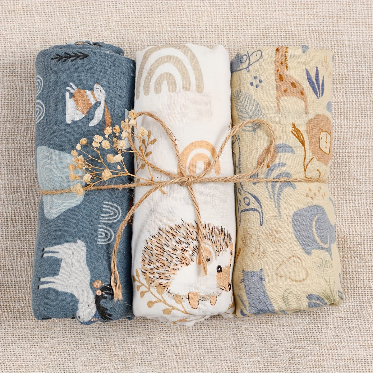 Set of Three Soft Muslin Swaddle Blankets Double Layer Assorted Colors for Newborns