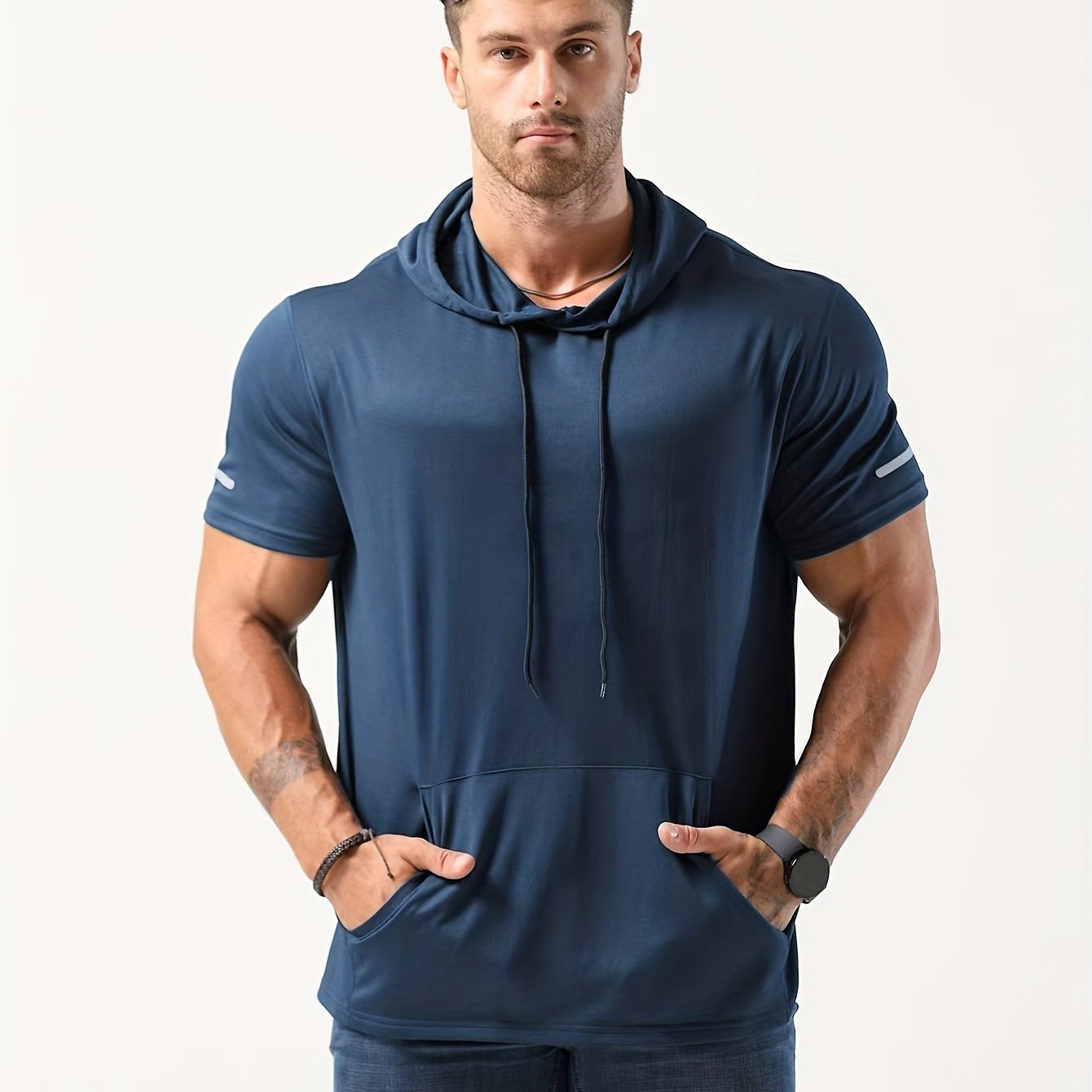 Plus-Size Men's Quick-Drying Hooded Sports T-Shirt Polyester Short Sleeve Casual