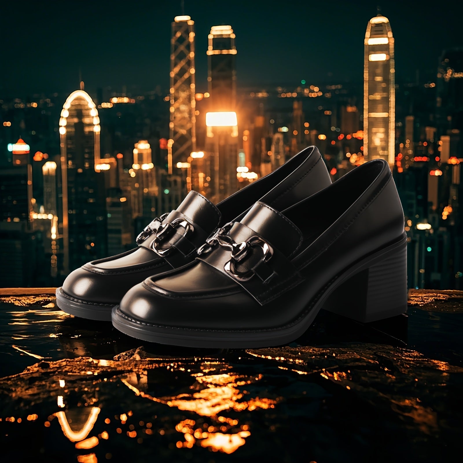 Women's Leather Loafers Solid Color Breathable All-Season Thick Heels