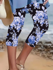 Women's Black Floral Print Slim-Fit Capri Pants with Blue Roses