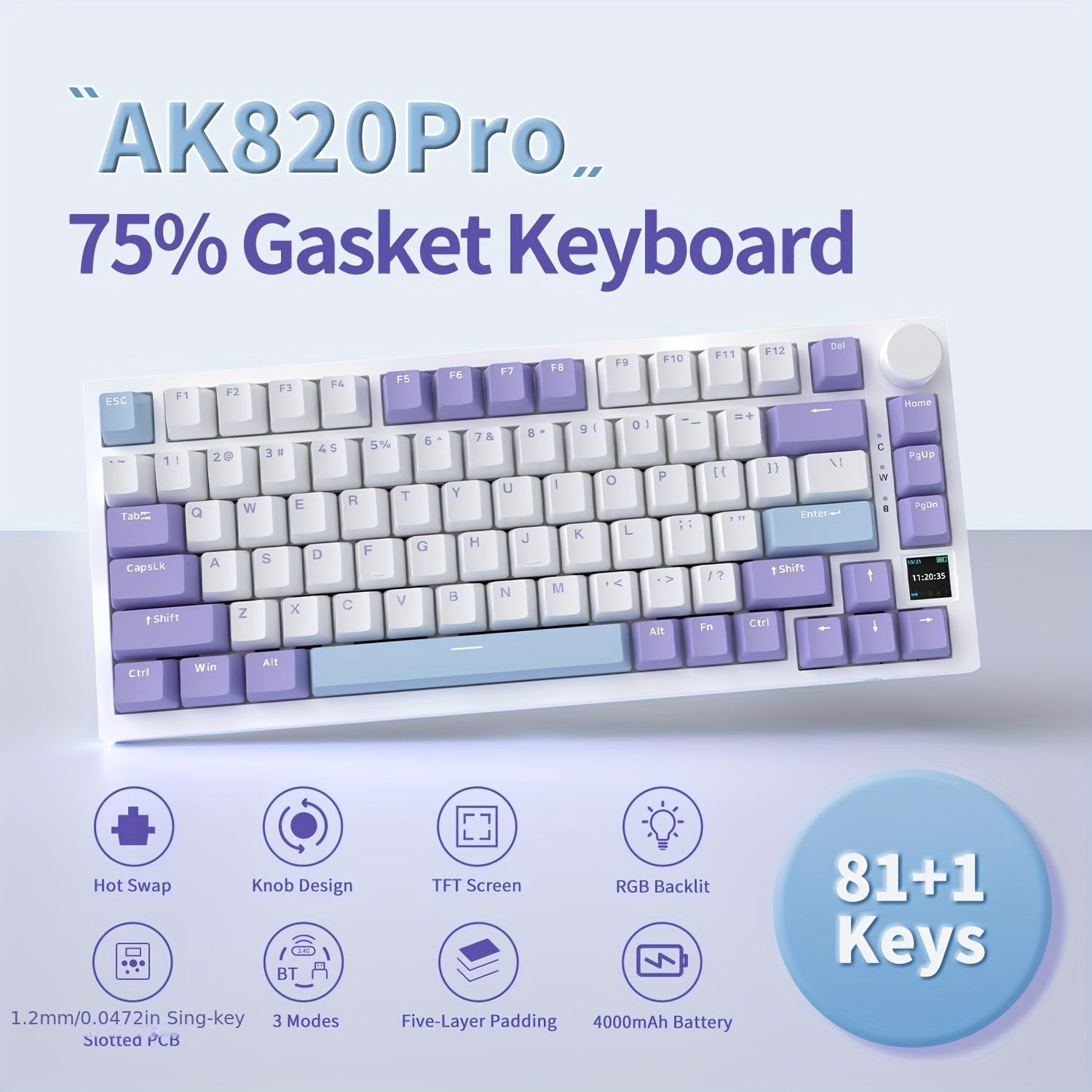 Wireless Mechanical Keyboard 75% RGB Backlit Hot-Swappable PBT Keycaps Wireless USB Charging for Gaming and Office