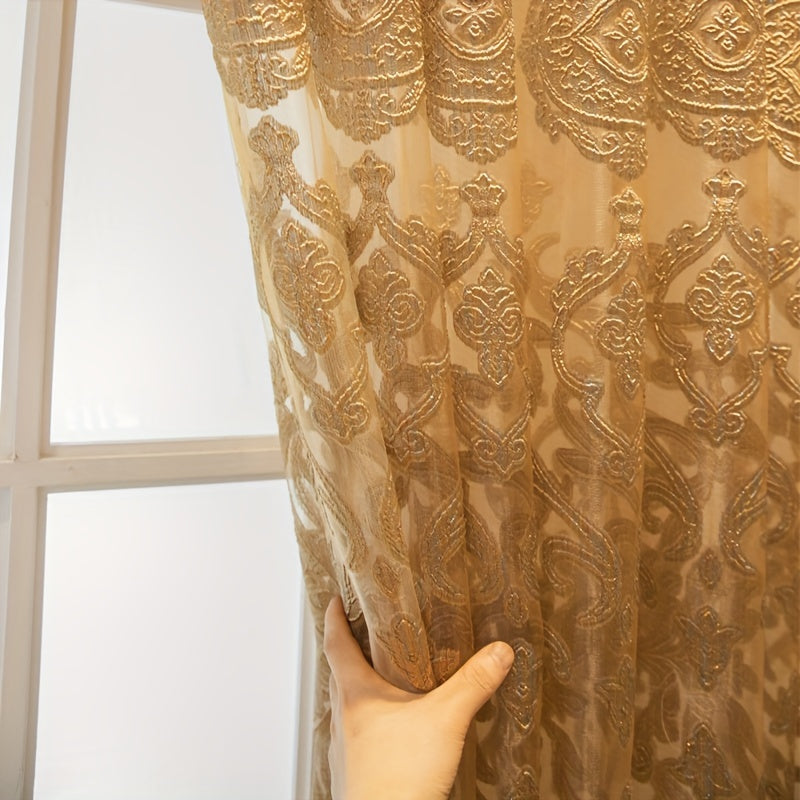 Golden Jacquard Sheer Curtain Grommet Top for Bedroom Living Room Home Decor