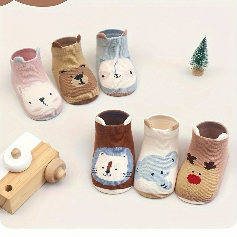 6 juft qiziqarli multfilm hayvonlari paxta aralashmasidan tayyorlangan, sirpanmaydigan bolalar paypozi, barcha fasllar uchun mukammal.