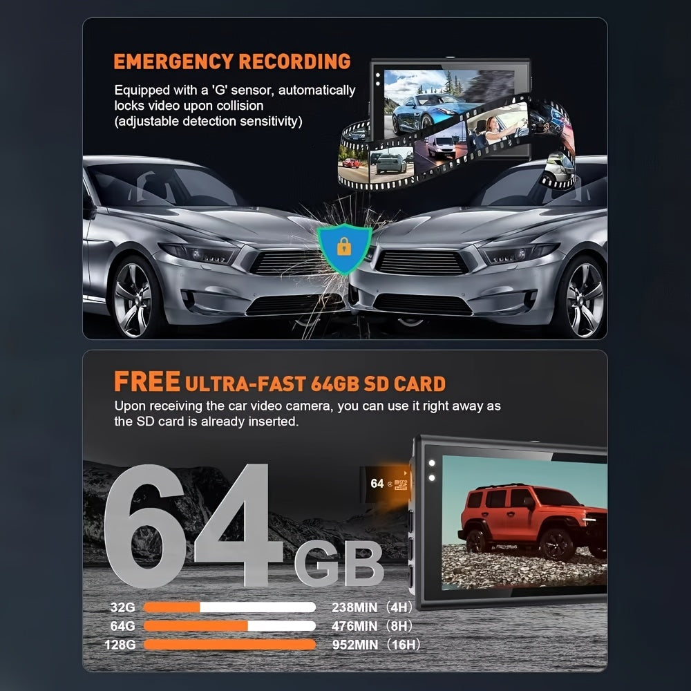 Car Dash Camera Dual Recording 1080p Night Vision Loop Recording Easy Install