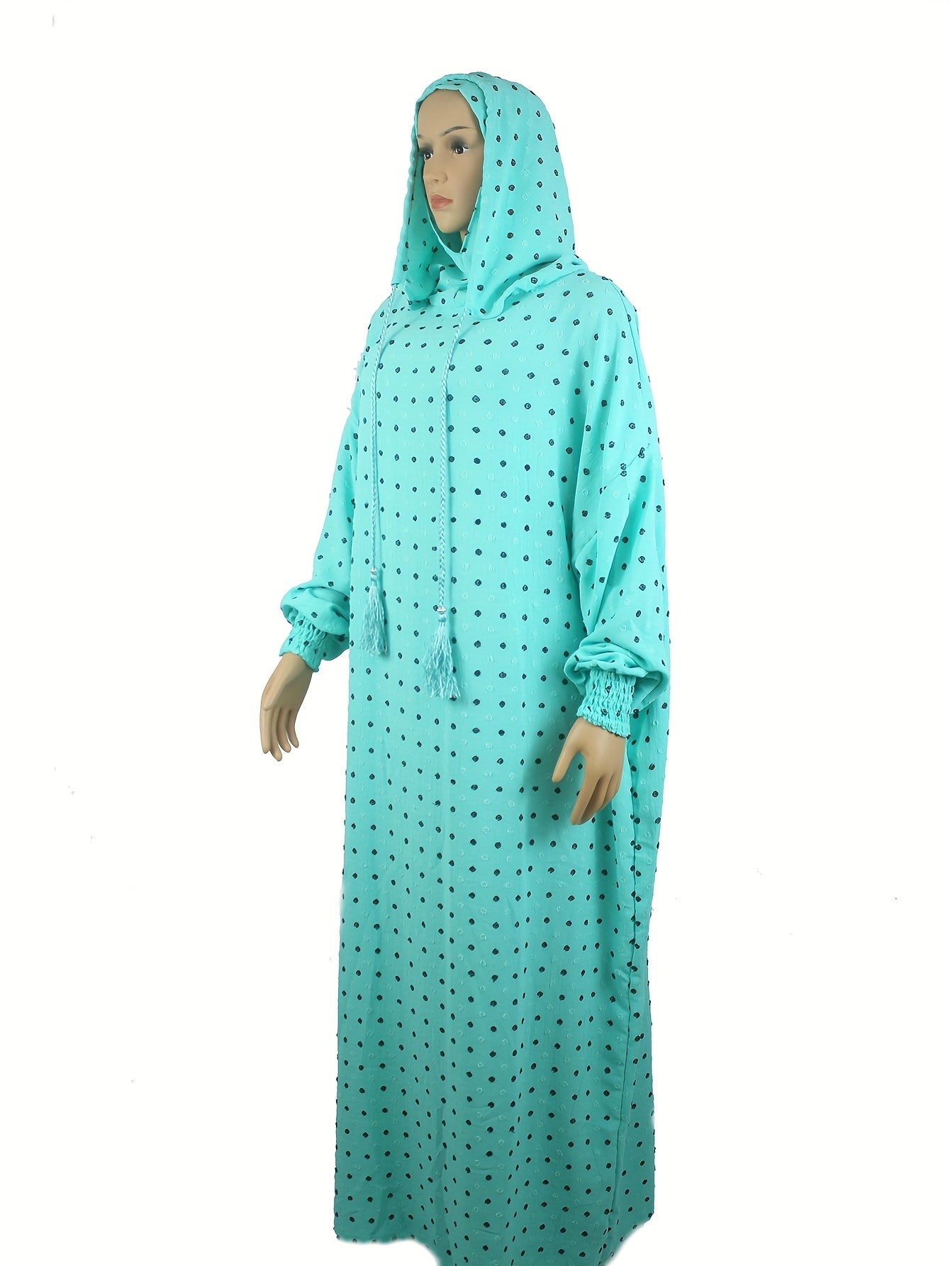 Plus Size Abaya with Hoodie Long Sleeve Polka Dot Casual Muslim Dress