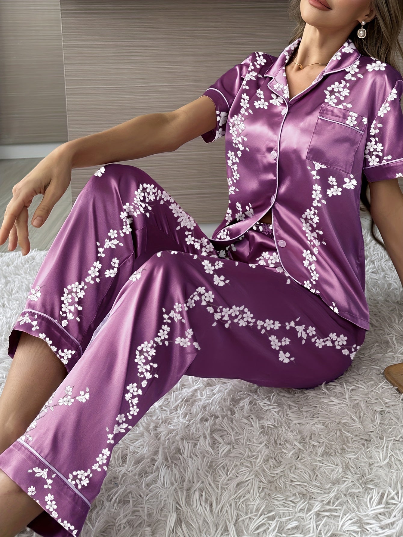 Velvet Short Sleeve Top and Printed Trousers Loungewear Set for Adults