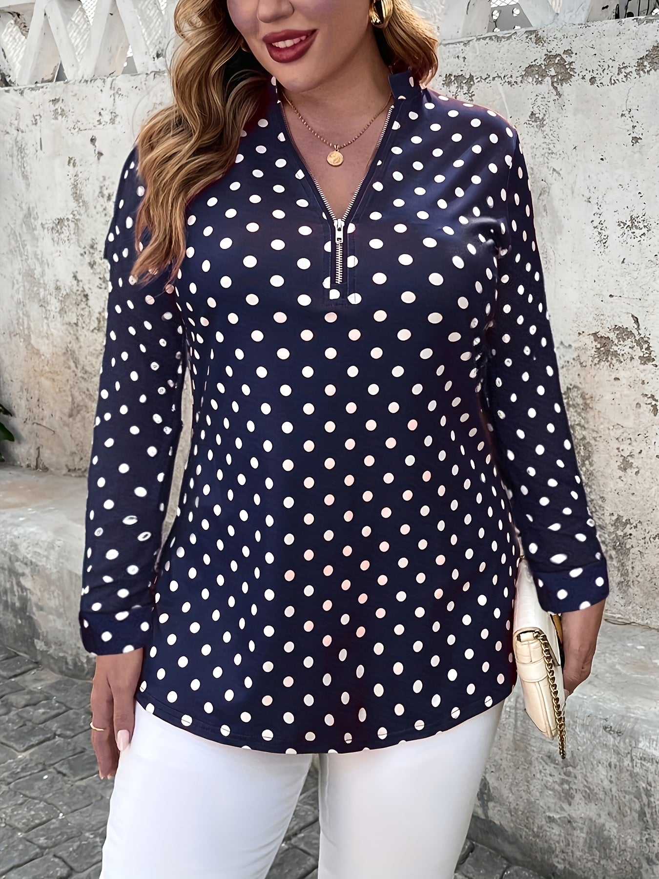 Plus Size Women's Polka Dot V-Neck Long Sleeve Blouse Black White Office Wear