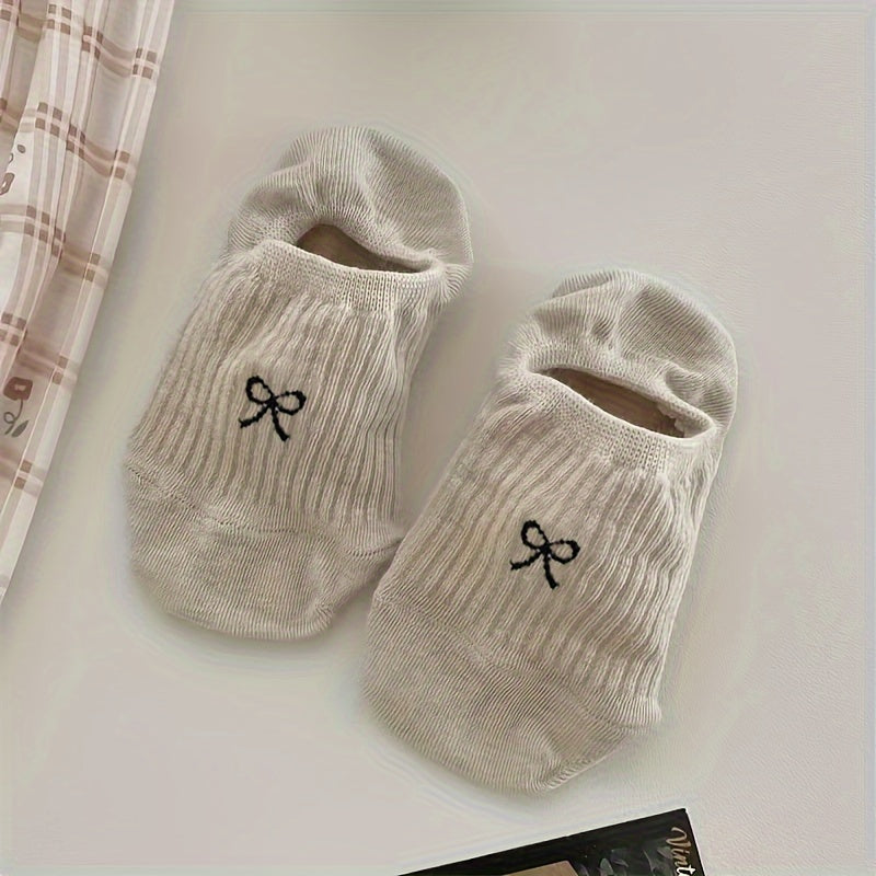 Women's Low Cut Boat Socks 5 Pairs with Bow Print Invisible Socks Polyester Spandex