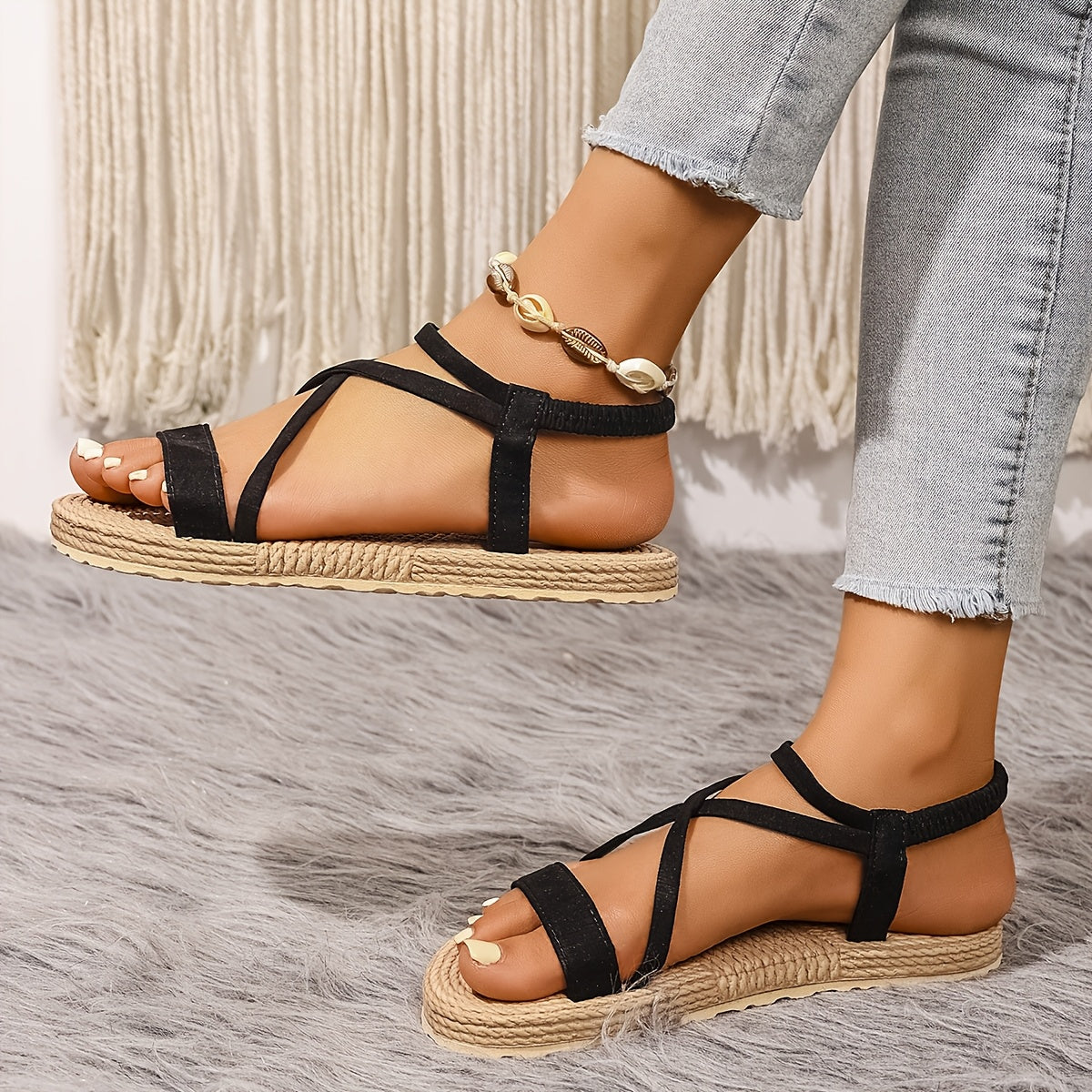 Women's Black Crossover Strap Flat Sandals for Beach and Resort