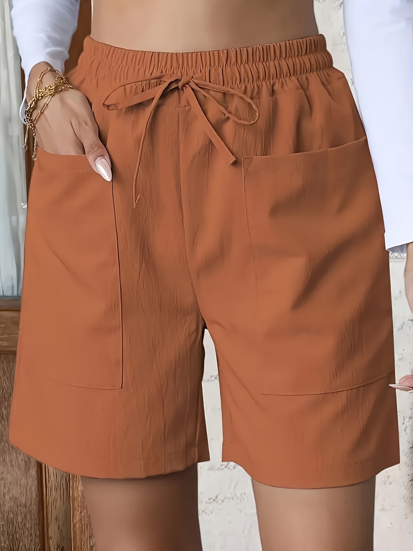 Women Cotton Casual Solid Color Drawstring Shorts with Pockets 2pcs