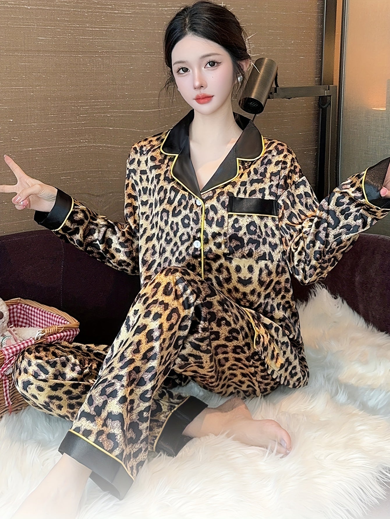 Women's Leopard Print Pajama Set Long Sleeve Lapel Collar Polyester Spandex Fall Winter