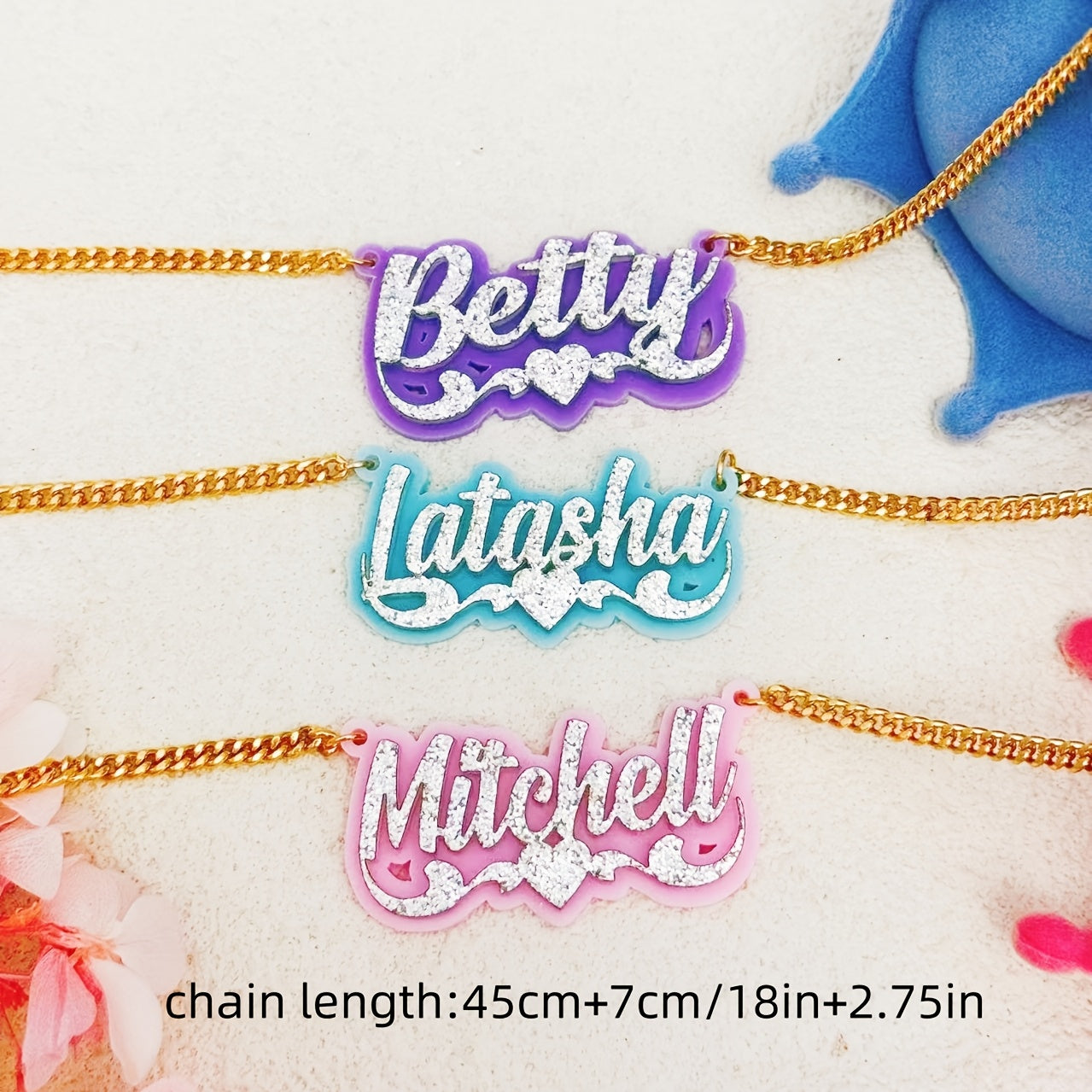 Personalized Acrylic Name Necklace with Heart Lace and Custom English Nameplate in Multiple Colors