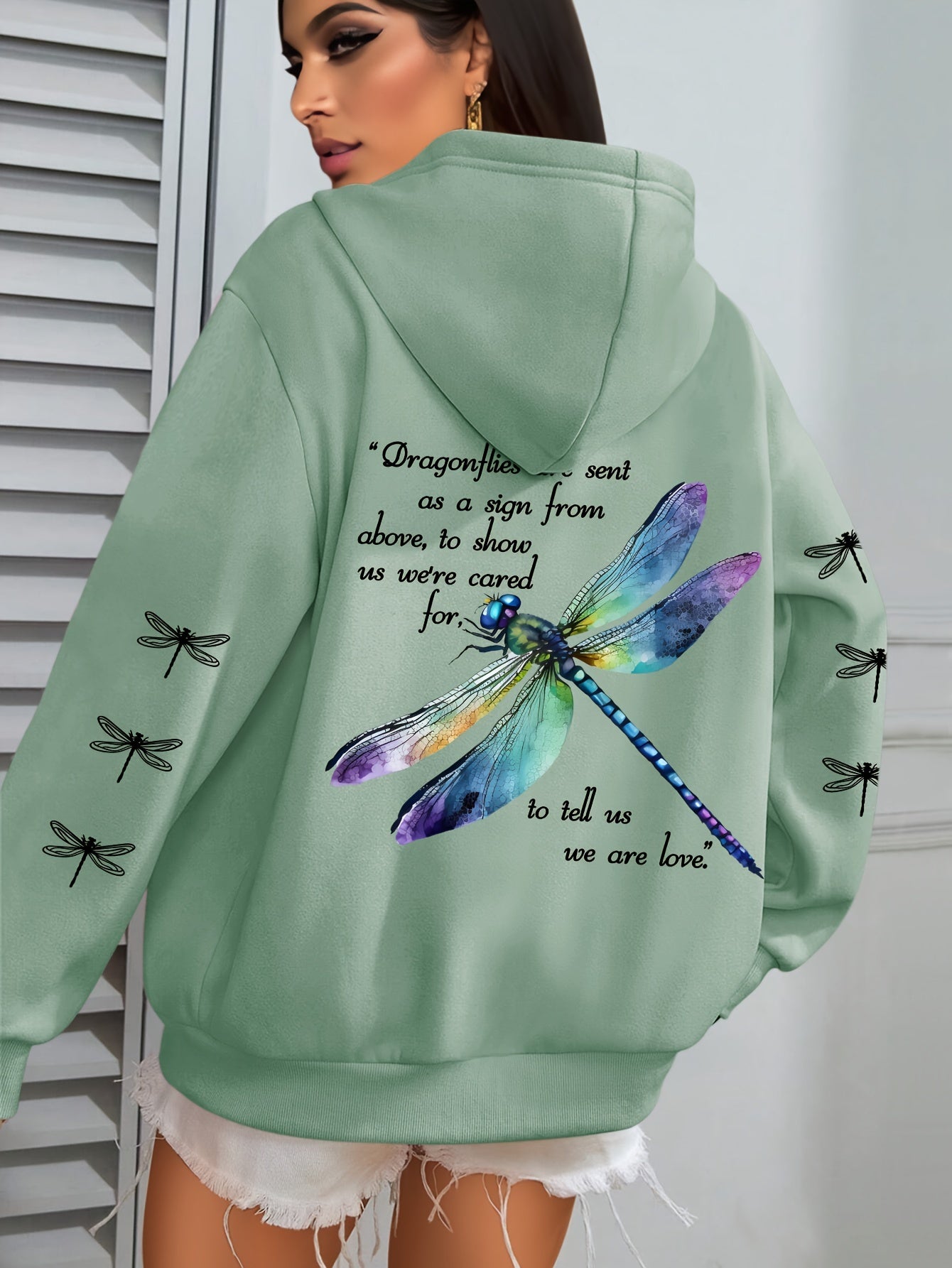 Plus Size Women's Hoodie With Dragonfly Print Green Long Sleeve Sweatshirt