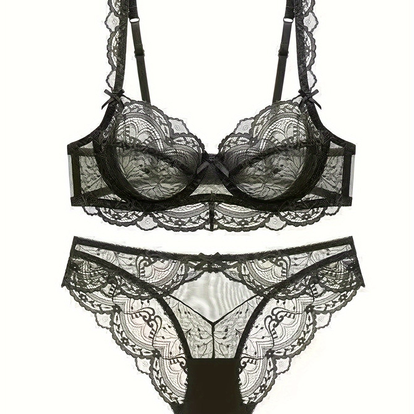 Plus Size Lace Lingerie Set with Bow and Spaghetti Strap Solid Color High Stretch