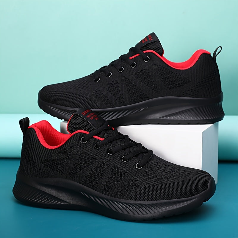 Men's Breathable Mesh Sneakers with MD Sole Low Top Casual All-Season Black White Red