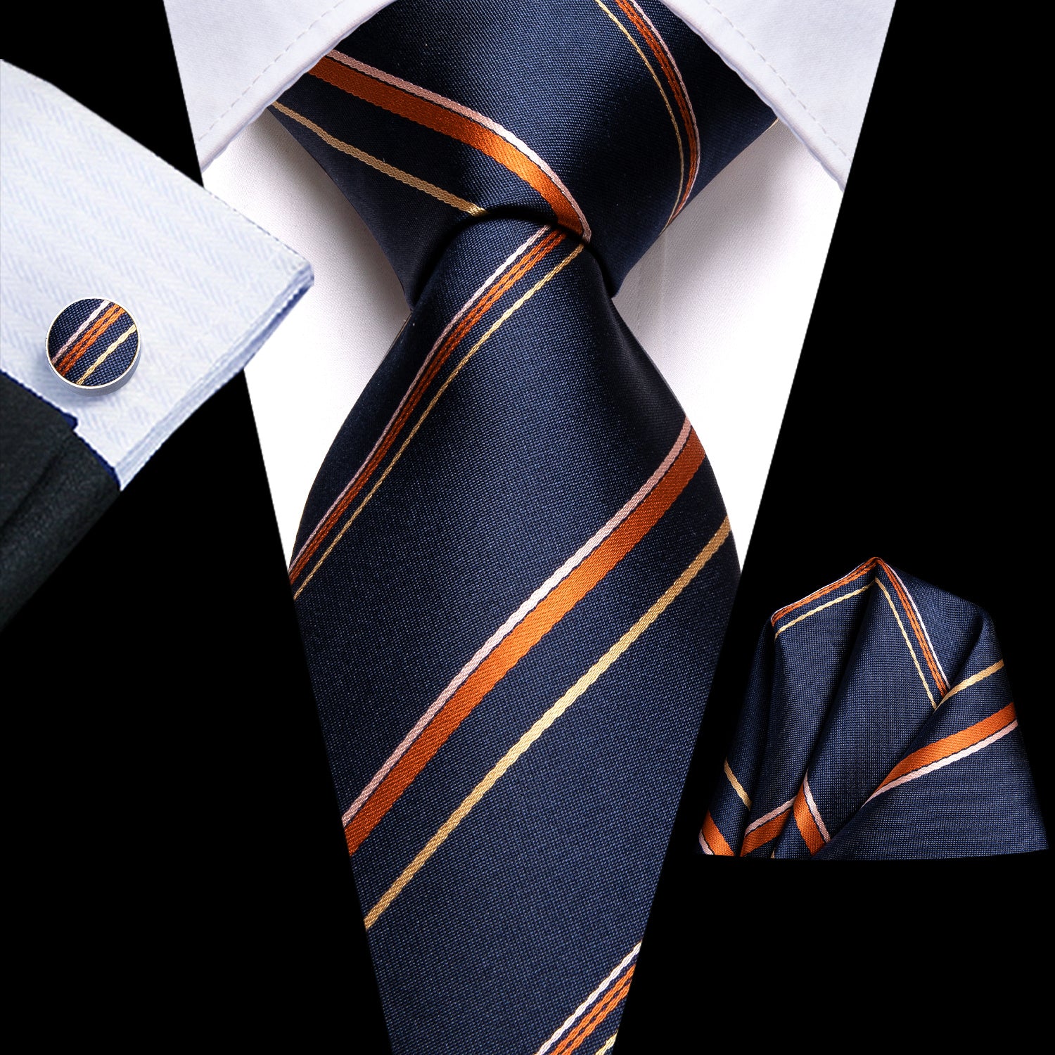 Striped Necktie Set with Cufflinks for Business, Parties, Weddings